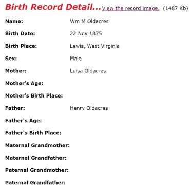 Clip Birth Record Wm M Oldaker
